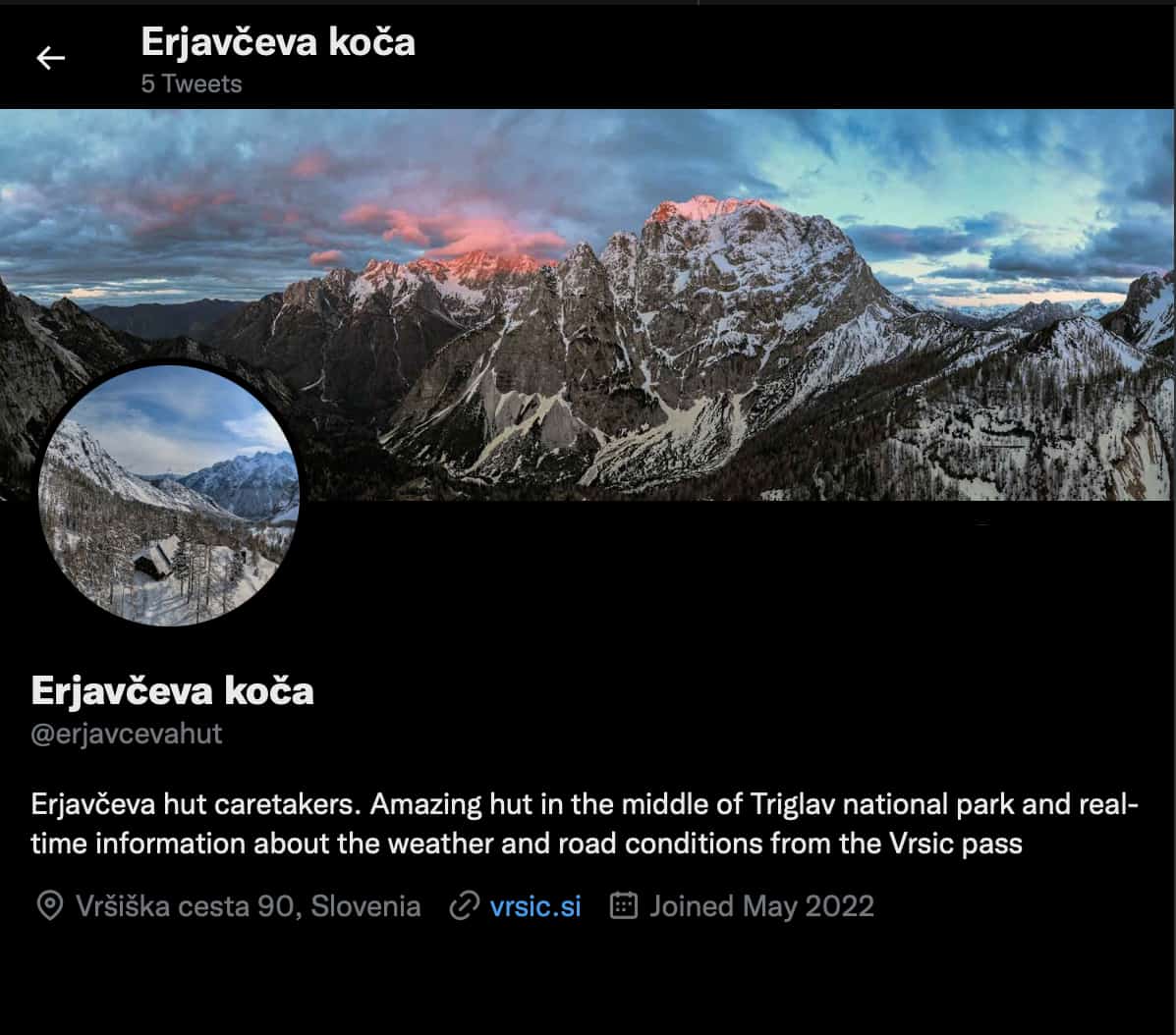 Erjavčeva's mountain hut Twitter account