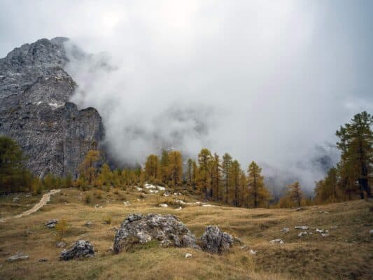 Paysage de montagne isolé avec des pics rocheux enveloppés de brouillard et des arbres aux couleurs automnales au refuge d'Erjavčeva.